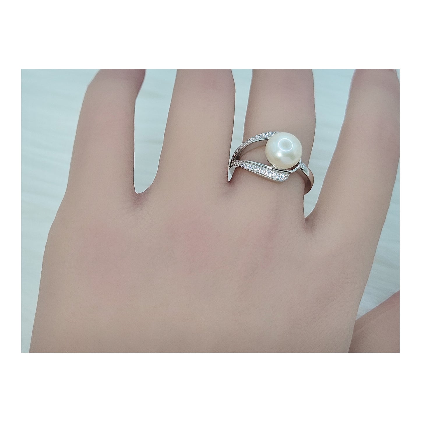 EDEN Pearl And White CZ Diamond Simulant Ring in Rhodium Over Sterling Silver