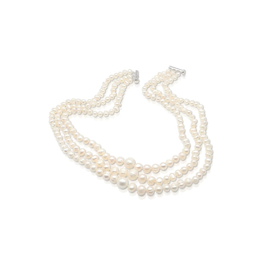 ELIZABETH Freshwater Pearl Wrap Necklace With Clasp in Rhodium Over Sterling Silver