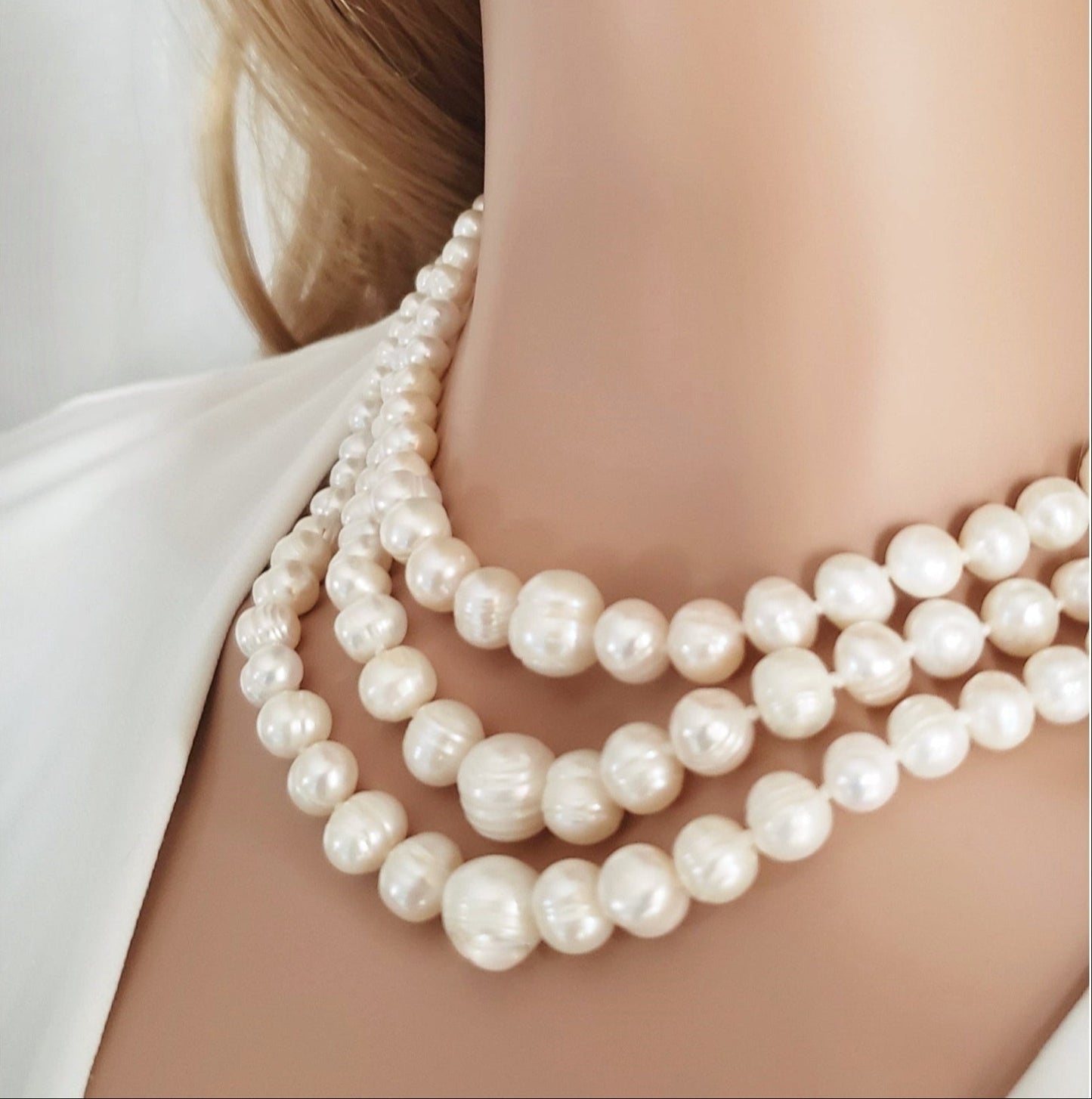 ELIZABETH Freshwater Pearl Wrap Necklace With Clasp in Rhodium Over Sterling Silver