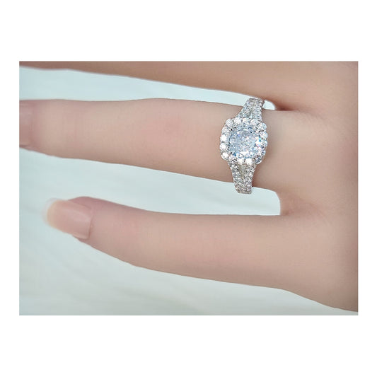 EMILY White CZ Diamond Simulant Halo Square Ring in Rhodium Over Sterling Silver