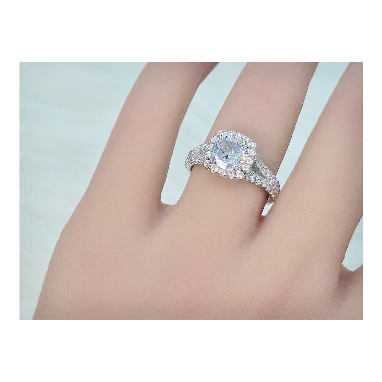 EMILY White CZ Diamond Simulant Halo Square Ring in Rhodium Over Sterling Silver