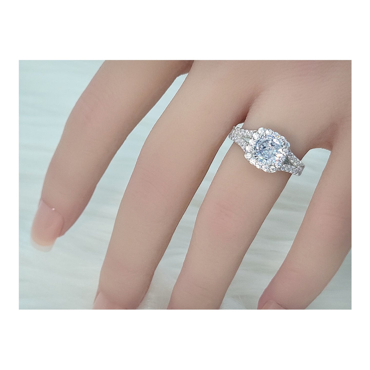 EMILY White CZ Diamond Simulant Halo Square Ring in Rhodium Over Sterling Silver