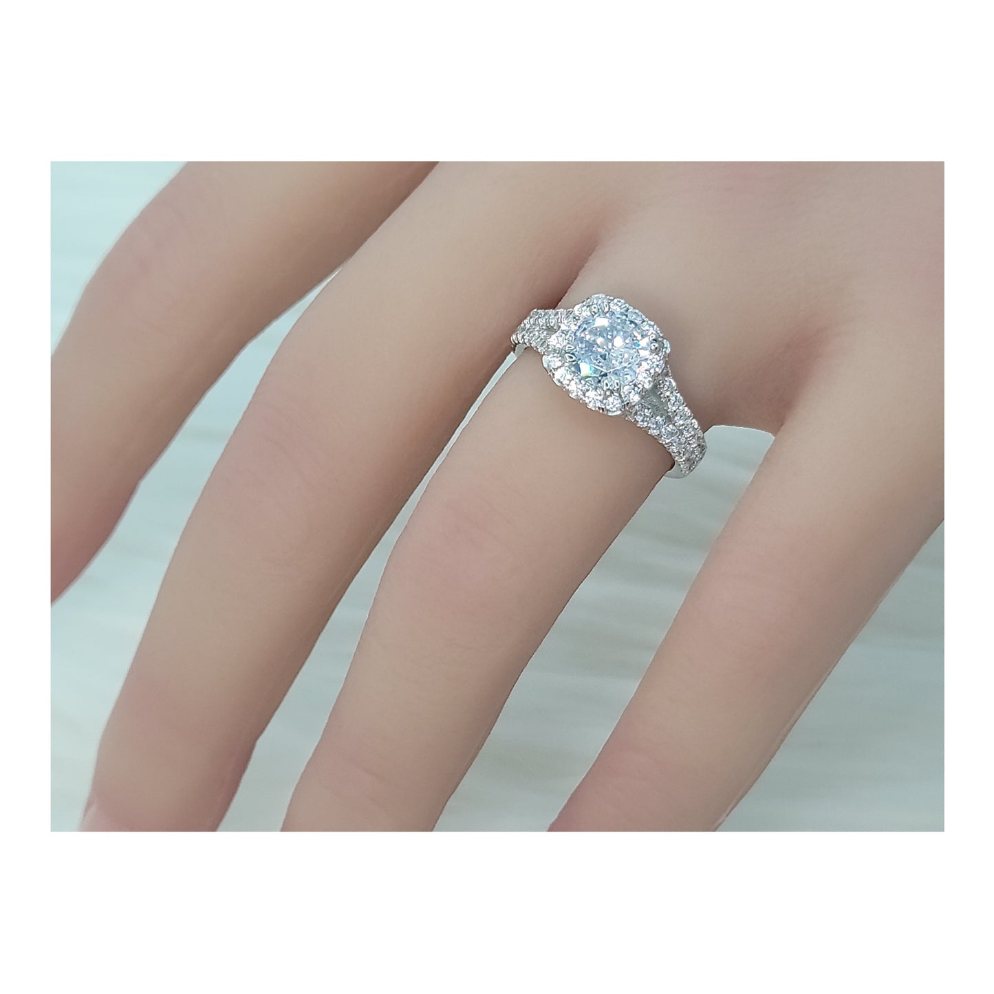 EMILY White CZ Diamond Simulant Halo Square Ring in Rhodium Over Sterling Silver