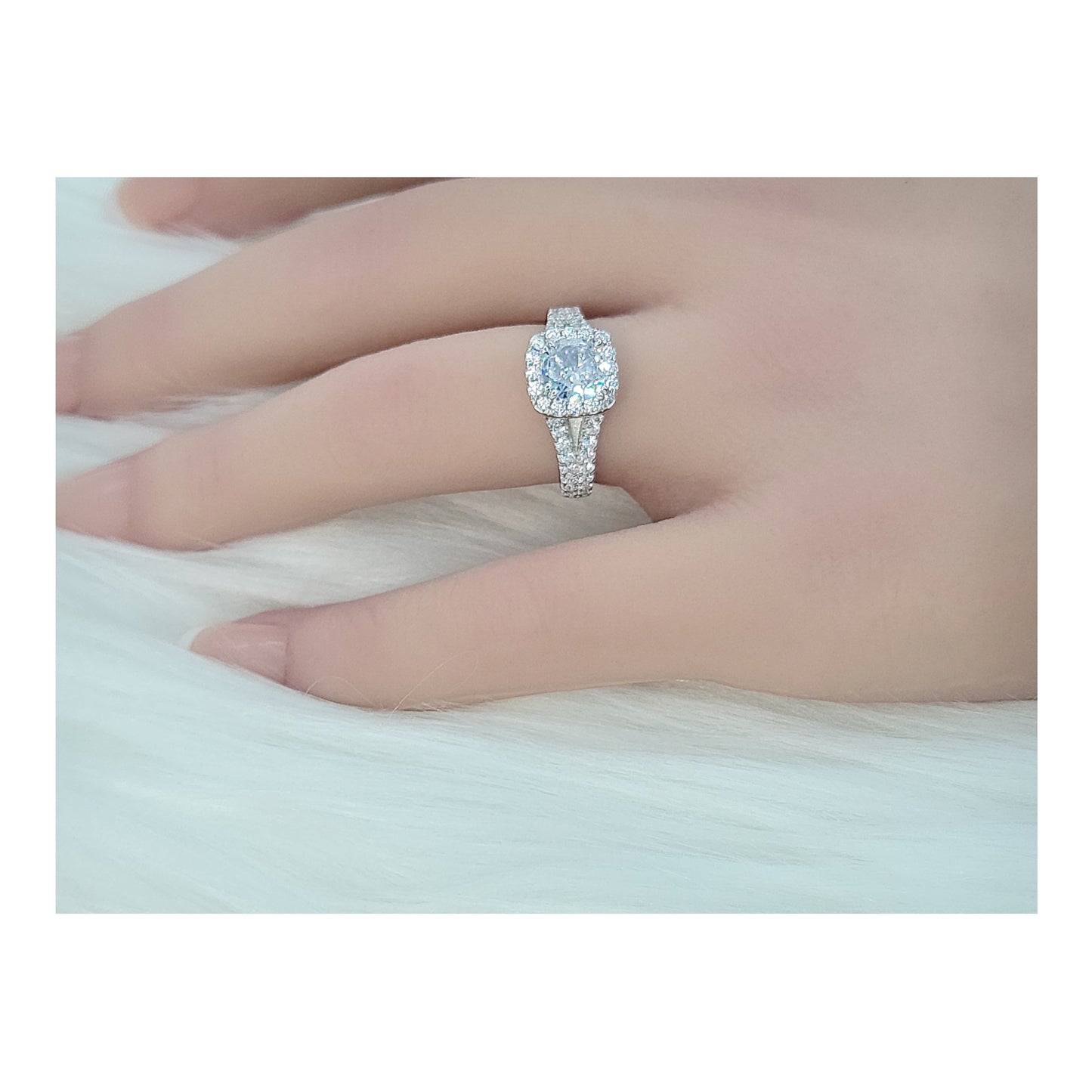 EMILY White CZ Diamond Simulant Halo Square Ring in Rhodium Over Sterling Silver