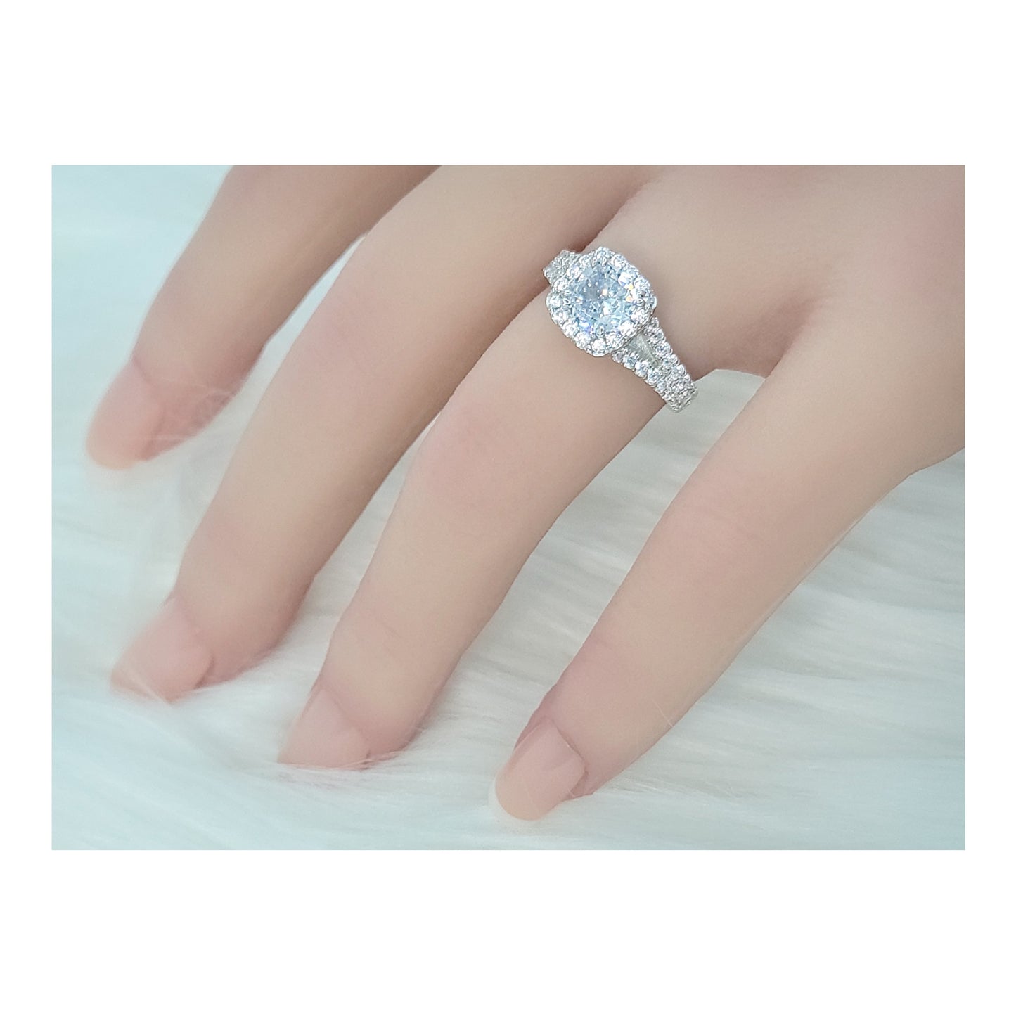EMILY White CZ Diamond Simulant Halo Square Ring in Rhodium Over Sterling Silver