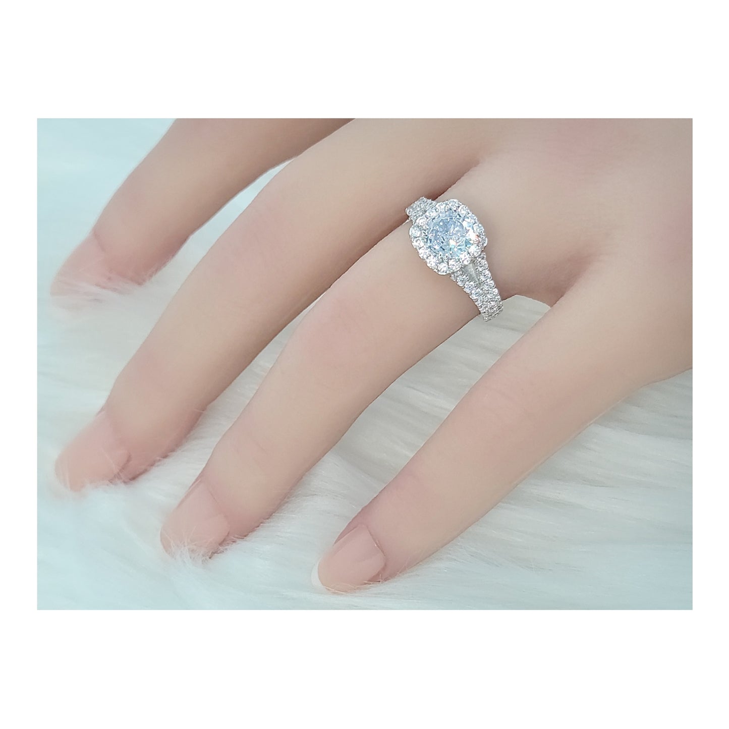 EMILY White CZ Diamond Simulant Halo Square Ring in Rhodium Over Sterling Silver