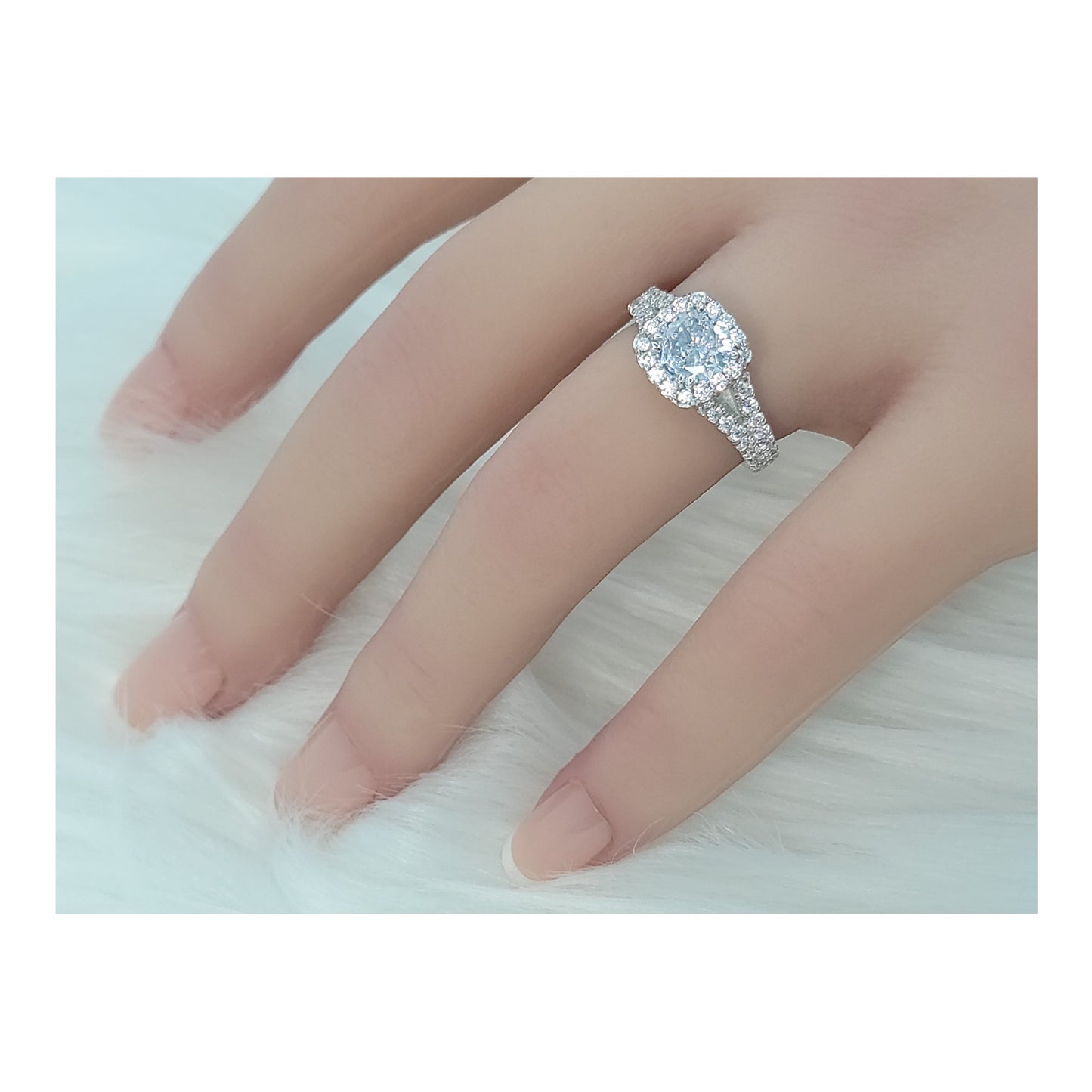 EMILY White CZ Diamond Simulant Halo Square Ring in Rhodium Over Sterling Silver