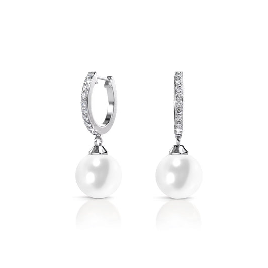 EUGENIE White Crystal Diamond Simulant Pearl Drop Earrings 18K White Gold Over Sterling Silver