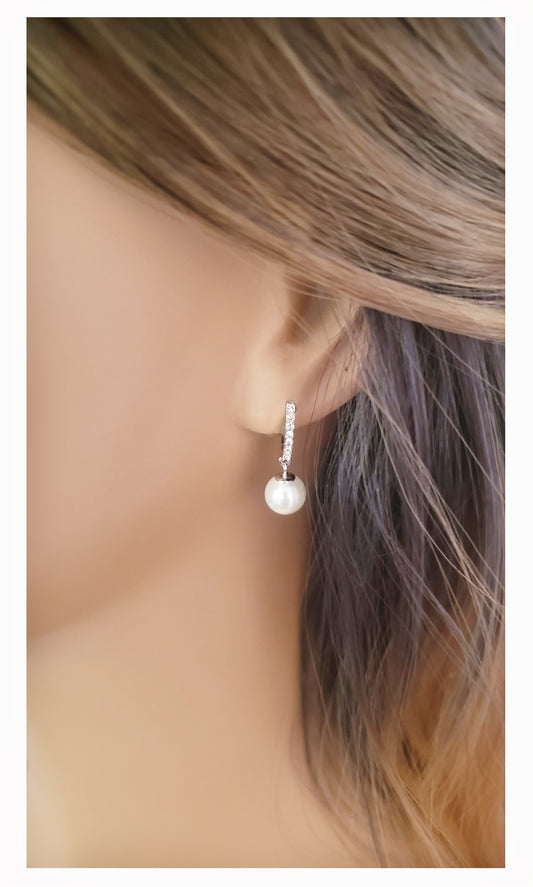 EUGENIE White Crystal Diamond Simulant Pearl Drop Earrings 18K White Gold Over Sterling Silver