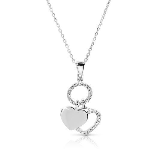 EVA Double Heart White CZ Diamond Simulant Pendant Necklace in Rhodium Over Sterling Silver