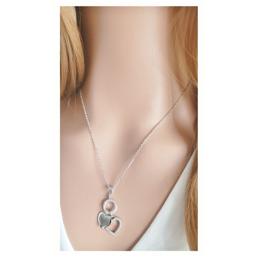 EVA Double Heart White CZ Diamond Simulant Pendant Necklace in Rhodium Over Sterling Silver
