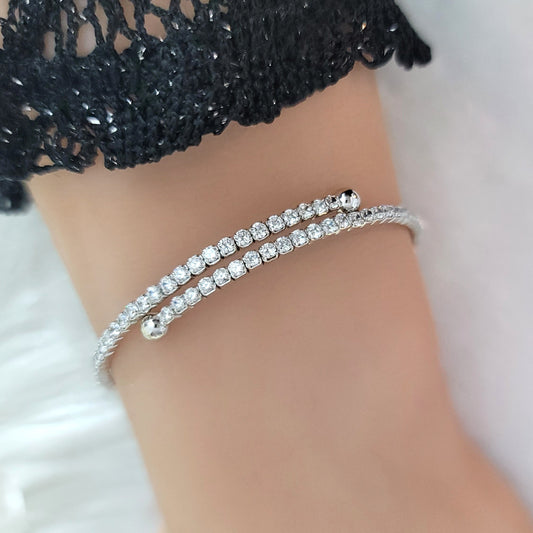 ELLA 2MM White CZ Diamond Bangle Tennis Bracelet in Rhodium Over Sterling Silver