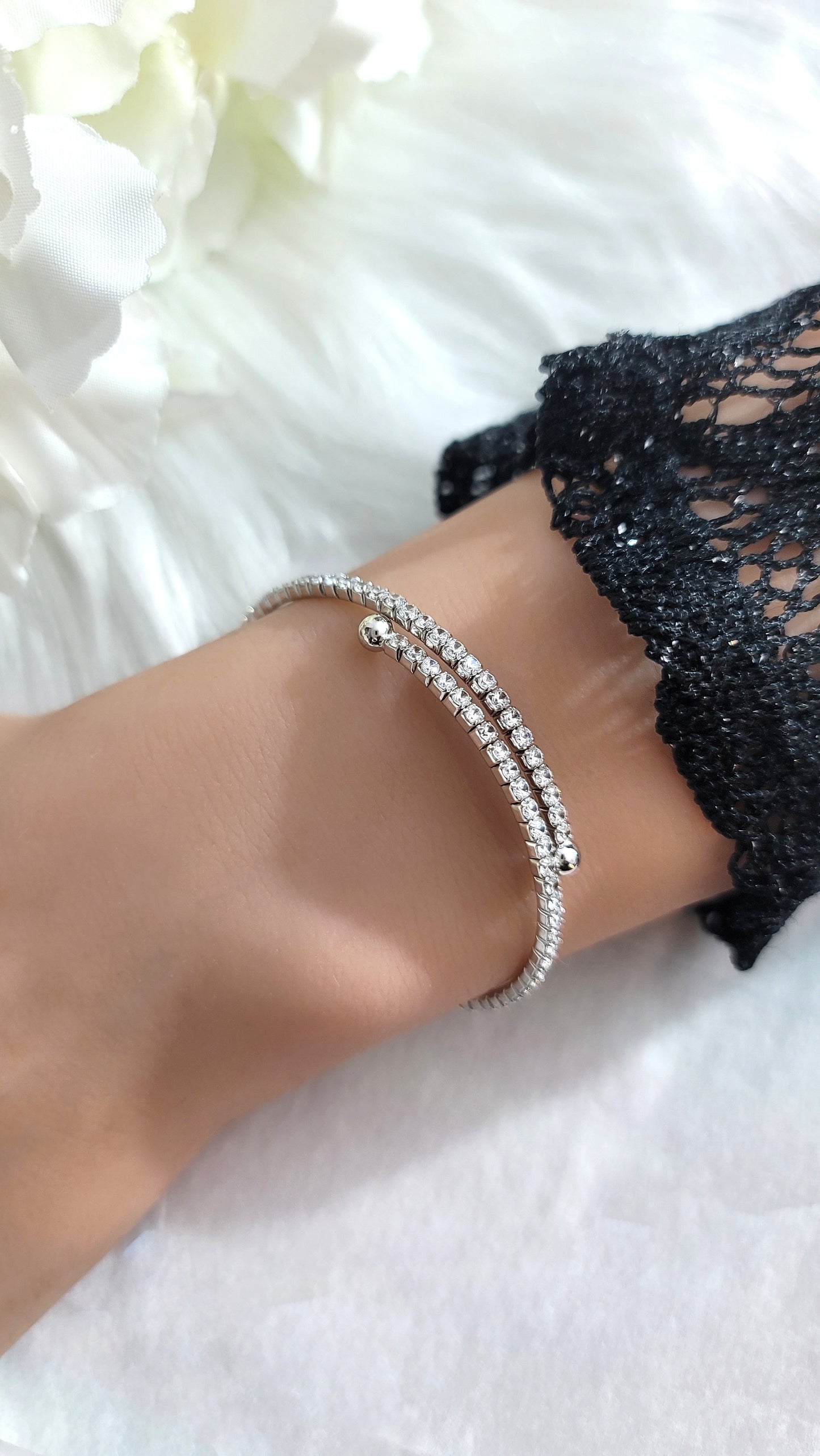 ELLA 2MM White CZ Diamond Simulant Bangle Tennis Bracelet in Rhodium Over Sterling Silver