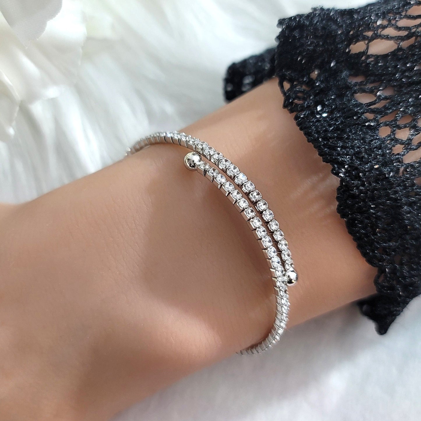 ELLA 2MM White CZ Diamond Bangle Tennis Bracelet in Rhodium Over Sterling Silver