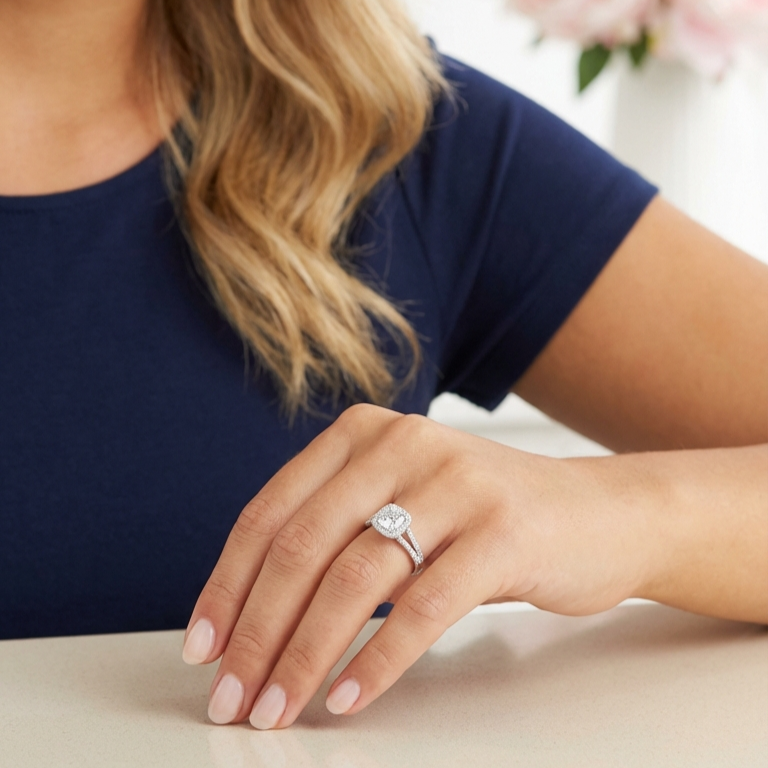 EMILY White CZ Diamond Halo Square Ring in Rhodium Over Sterling Silver