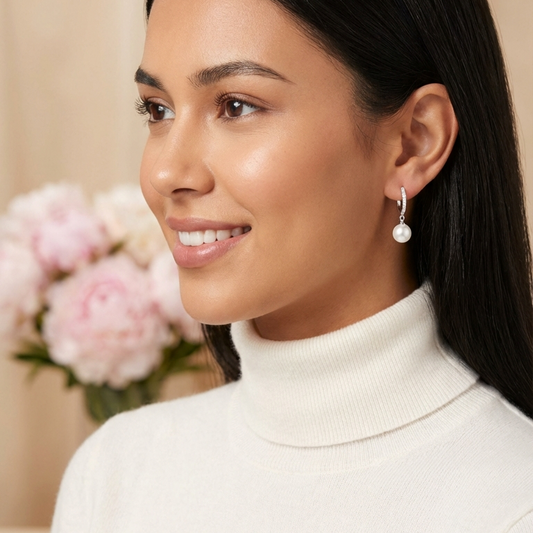 EUGENIE White Crystal Diamond Pearl Drop Earrings 18K White Gold Over Sterling Silver