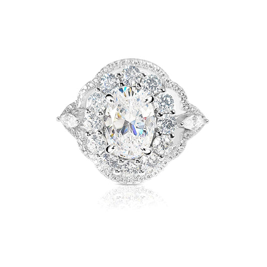 FRANCE Vintage White CZ Diamond Simulant Oval Halo Cluster Ring in Rhodium Over Sterling Silver