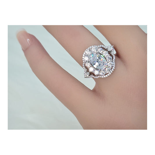 FRANCE Vintage White CZ Diamond Simulant Oval Halo Cluster Ring in Rhodium Over Sterling Silver