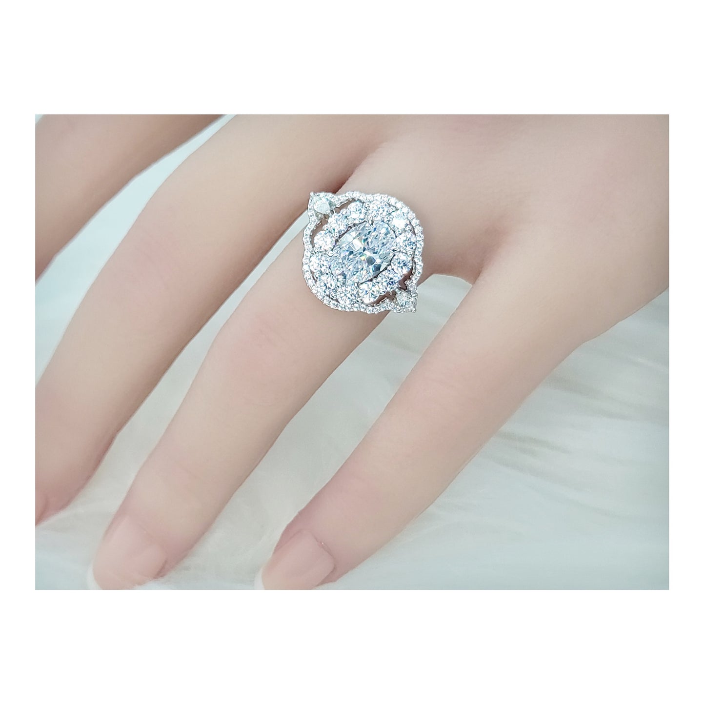 FRANCE Vintage White CZ Diamond Simulant Oval Halo Cluster Ring in Rhodium Over Sterling Silver