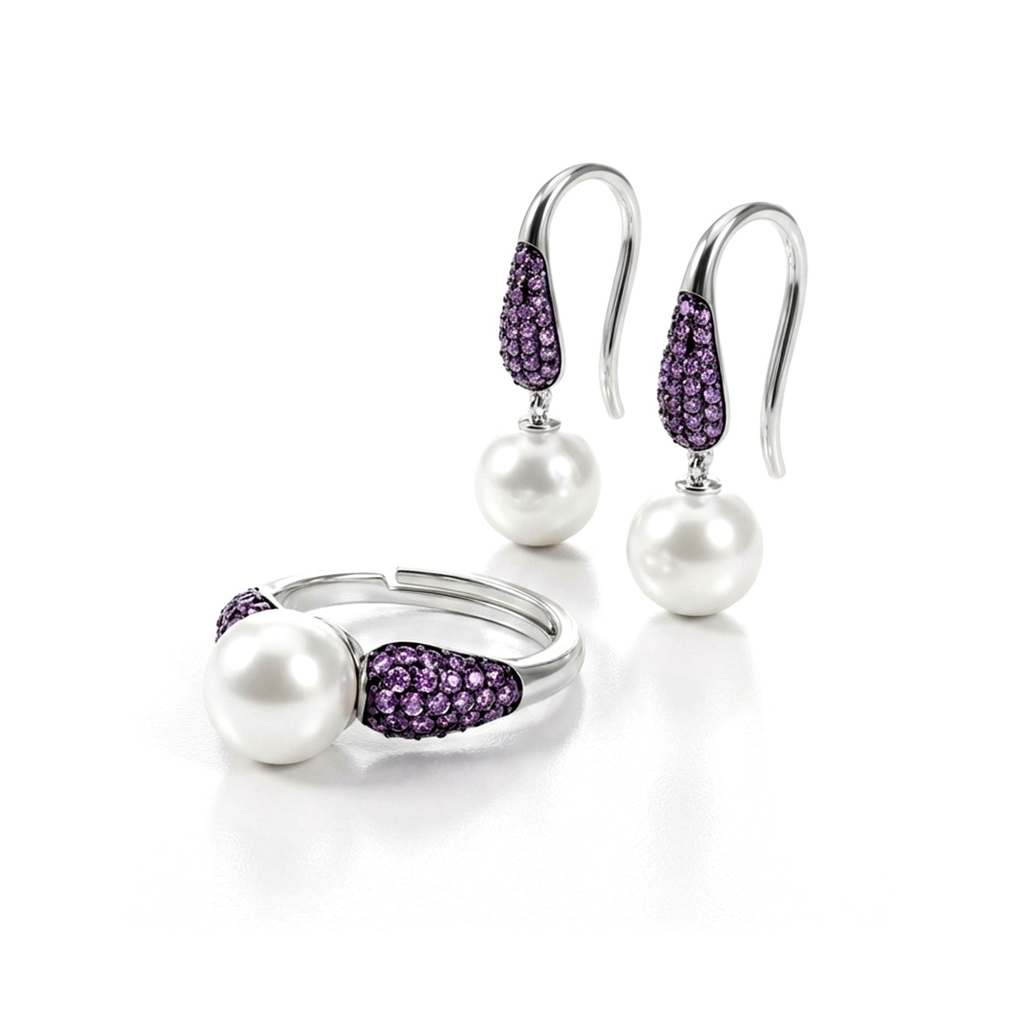 GAYLE White Pearl and Purple Stone Ring in Rhodium Over Sterling Silver
