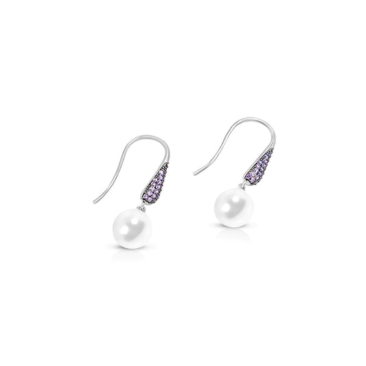GAYLE White Pearl and Purple Stone Earrings in Rhodium Over Sterling Silver