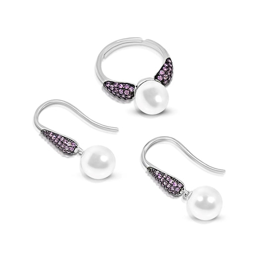 GAYLE White Pearl and Purple Stone Earrings, Ring Set in Rhodium Over Sterling Silver