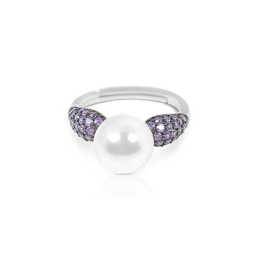 GAYLE White Pearl and Purple Stone Ring in Rhodium Over Sterling Silver