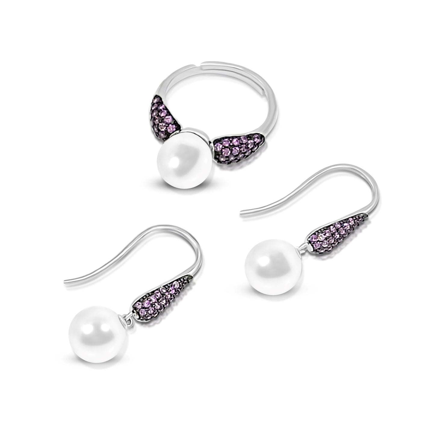 GAYLE White Pearl and Purple Stone Earrings in Rhodium Over Sterling Silver