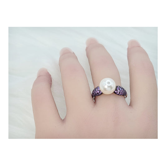 GAYLE White Pearl and Purple Stone Ring in Rhodium Over Sterling Silver