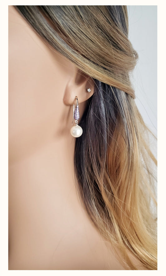 GAYLE White Pearl and Purple Stone Earrings in Rhodium Over Sterling Silver