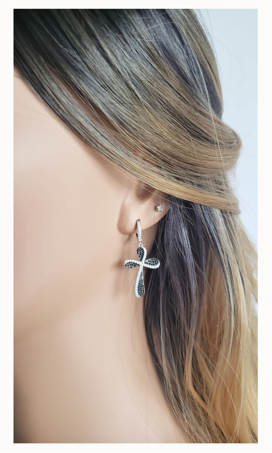 HOSANNA Black Spinel And White CZ Diamond Simulant Cross Earrings in Rhodium Over Sterling Silver