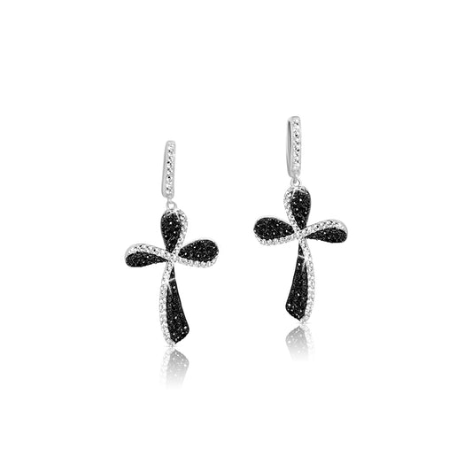 HOSANNA Black Spinel And White CZ Diamond Simulant Cross Earrings in Rhodium Over Sterling Silver