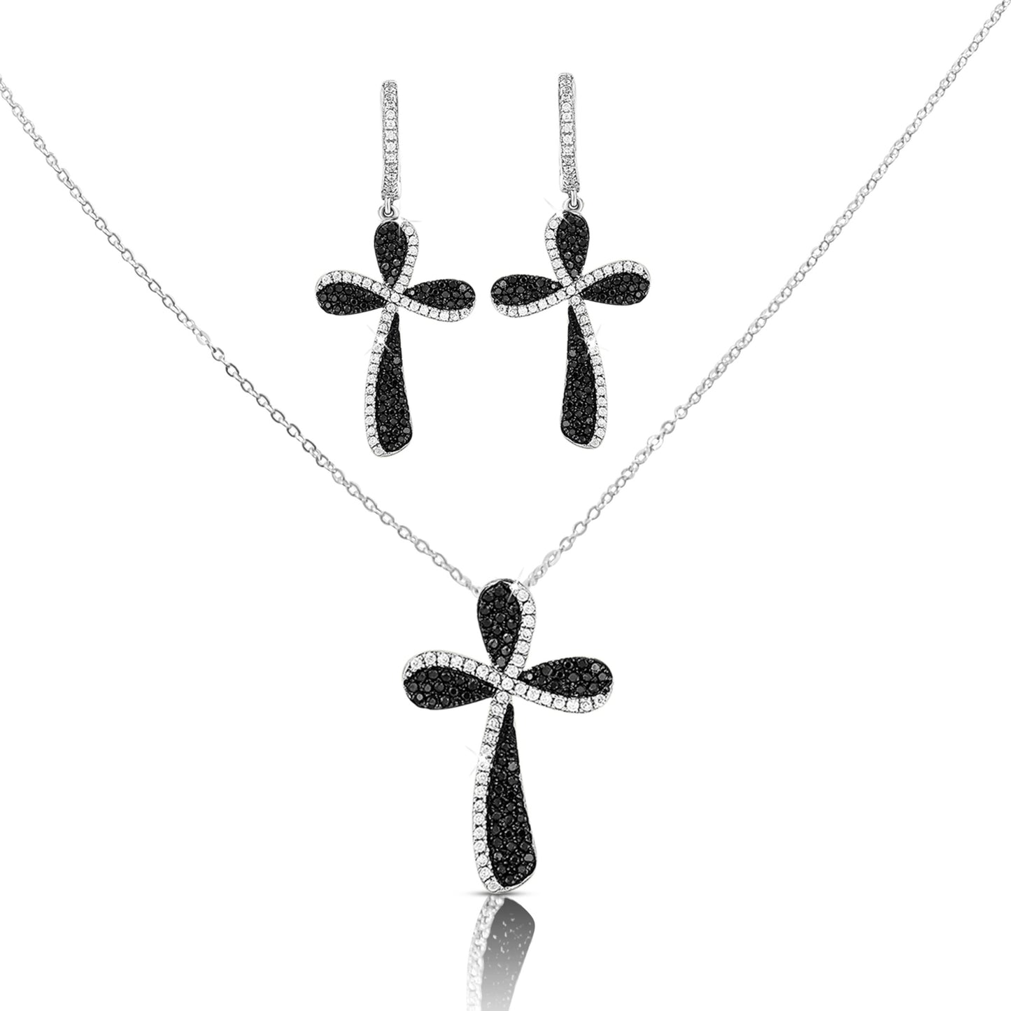 HOSANNA Black Spinel And White CZ Diamond Simulant Cross Earrings in Rhodium Over Sterling Silver