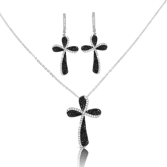HOSANNA Black Spinel And White CZ Diamond Simulant Cross Earrings, Necklace Set in Rhodium Over Sterling Silver