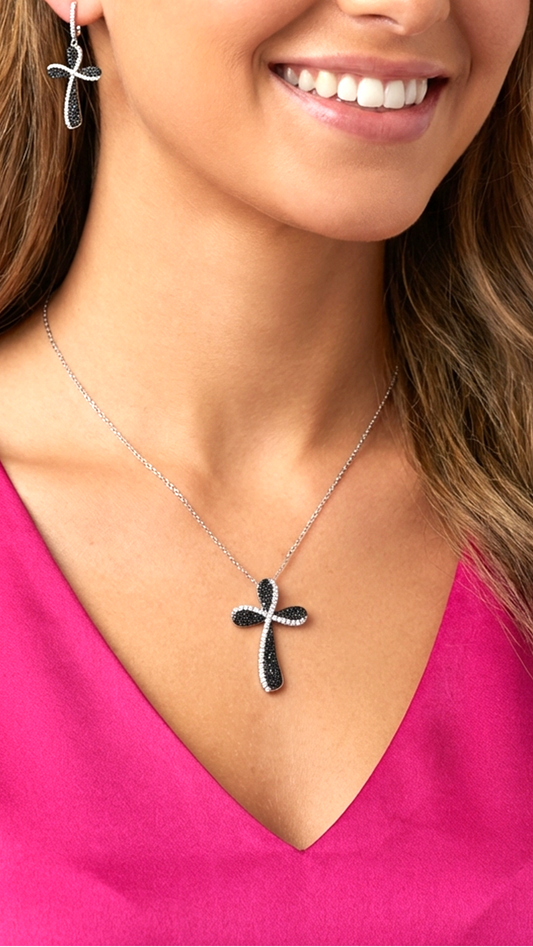 HOSANNA Black Spinel And White CZ Diamond Cross Pendant Necklace in Rhodium Over Sterling Silver