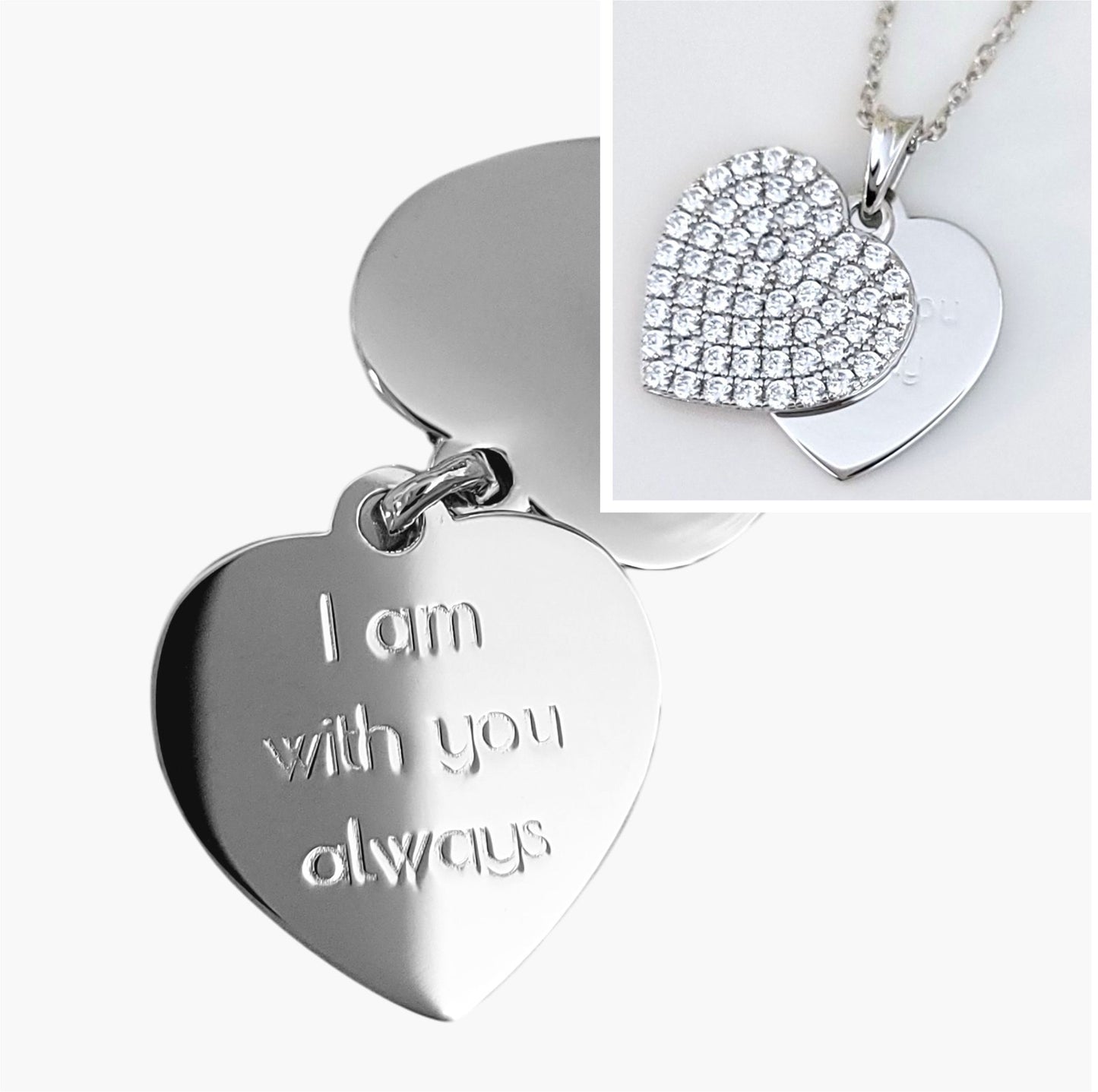 ANGELIQUE "I Am With You Always" Pave White CZ Diamond Simulant Double Heart Pendant Necklace