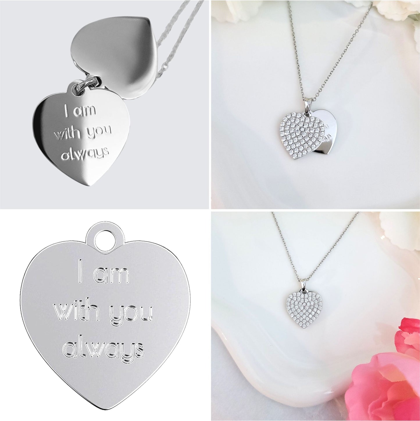 ANGELIQUE "I Am With You Always" Pave White CZ Diamond Simulant Double Heart Pendant Necklace