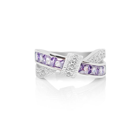 JOANNE Purple And White CZ Diamond Simulant Crisscross Band Ring in Rhodium Over Sterling Silver
