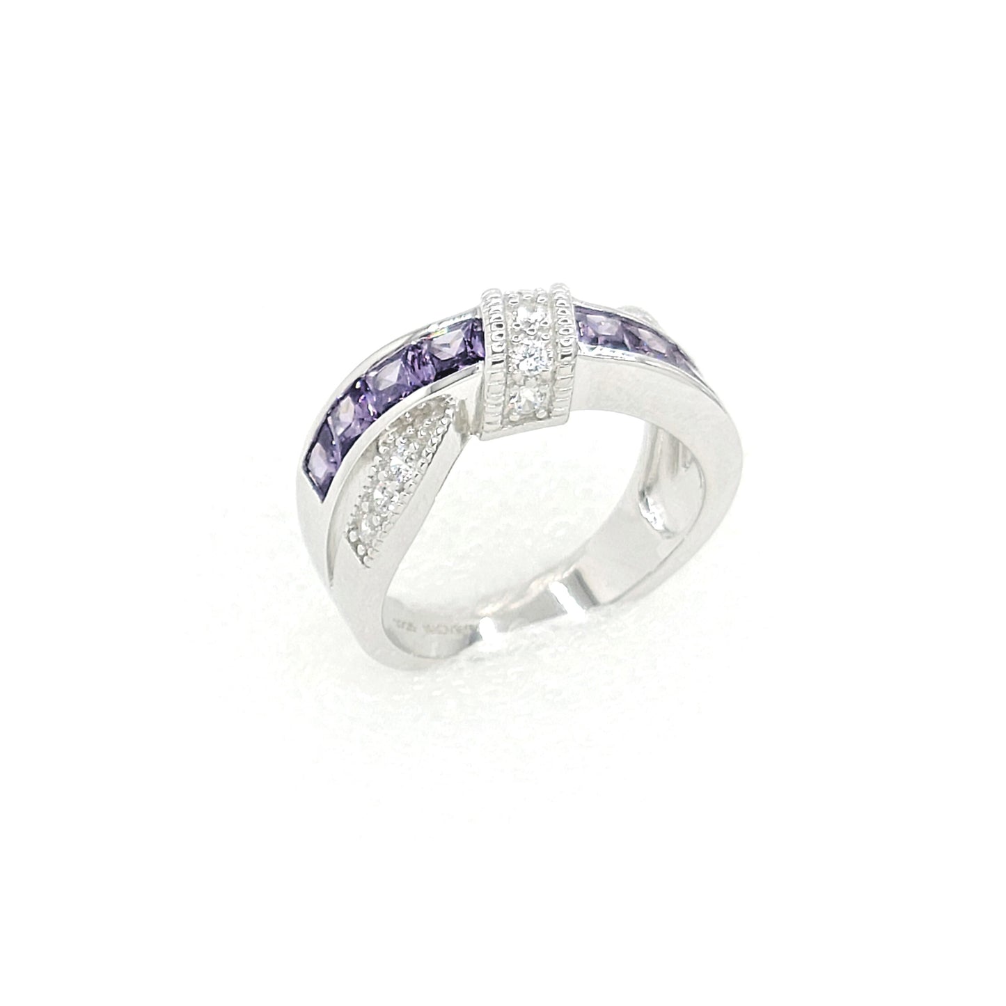 JOANNE Purple And White CZ Diamond Simulant Crisscross Band Ring in Rhodium Over Sterling Silver