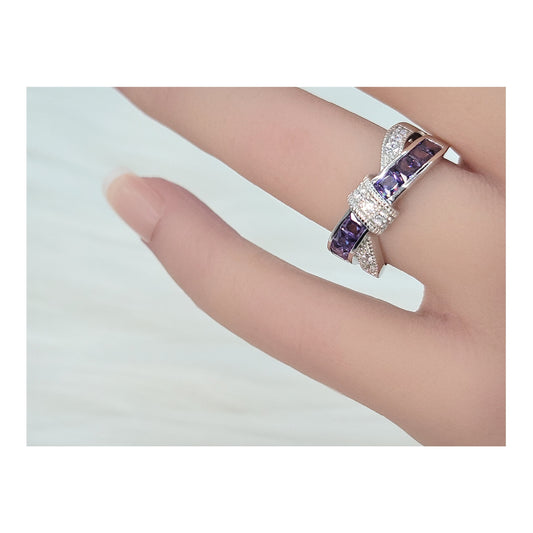 JOANNE Purple And White CZ Diamond Simulant Crisscross Band Ring in Rhodium Over Sterling Silver