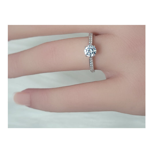 JOCELYNE Solitaire White CZ Diamond Simulant Ring in Rhodium Over Sterling Silver