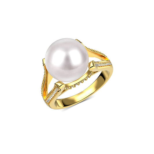 JUDITH Classic Pearl And White CZ Diamond Simulant Ring 18K Gold Over Sterling Silver