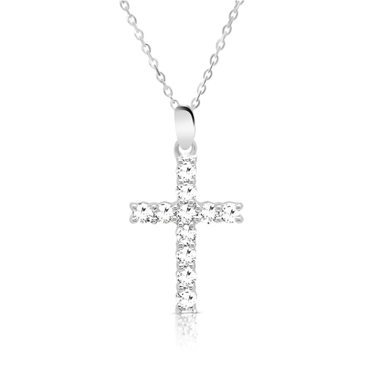 GRACE White CZ Diamond Simulant Cross Pendant Necklace in Rhodium Over Sterling Silver