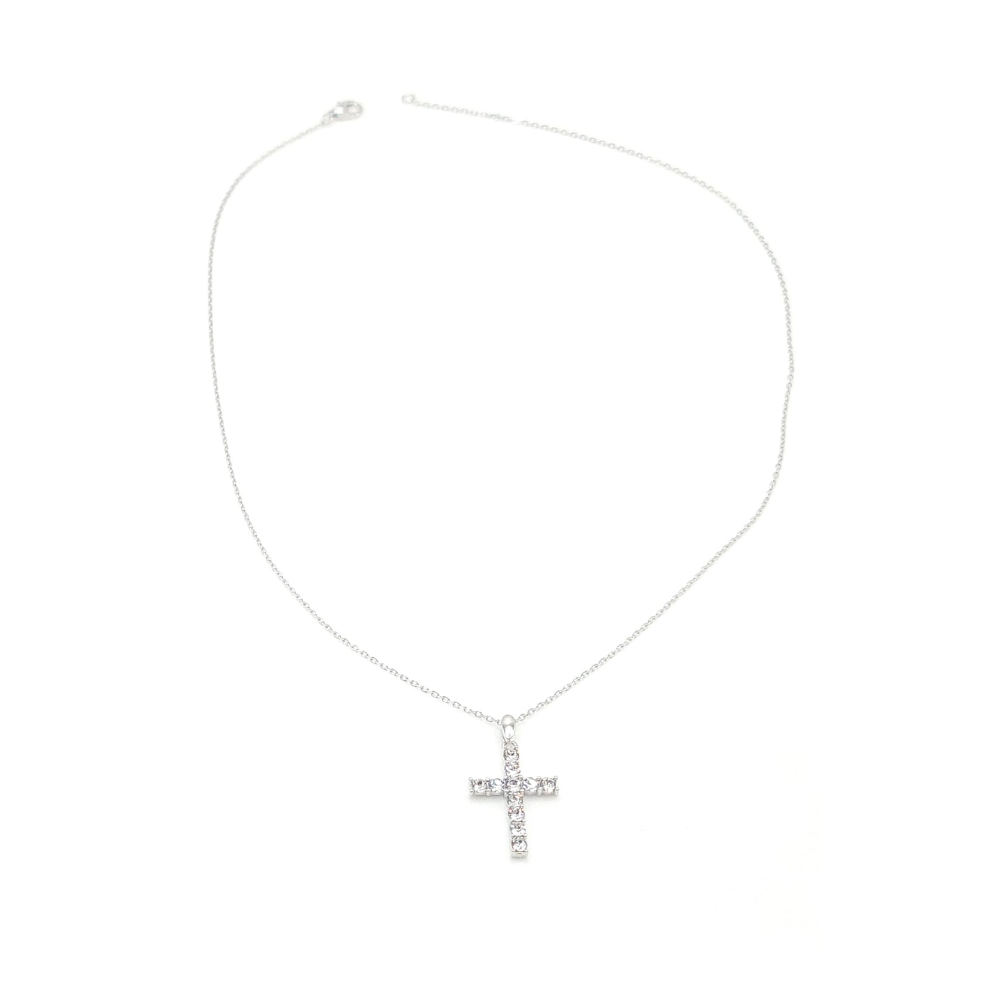 GRACE White CZ Diamond Simulant Cross Pendant Necklace in Rhodium Over Sterling Silver