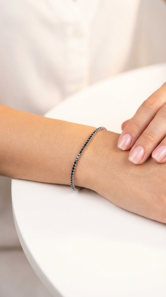 JAELLE Elegant Black Tennis Bracelet in Rhodium Over Sterling Silver