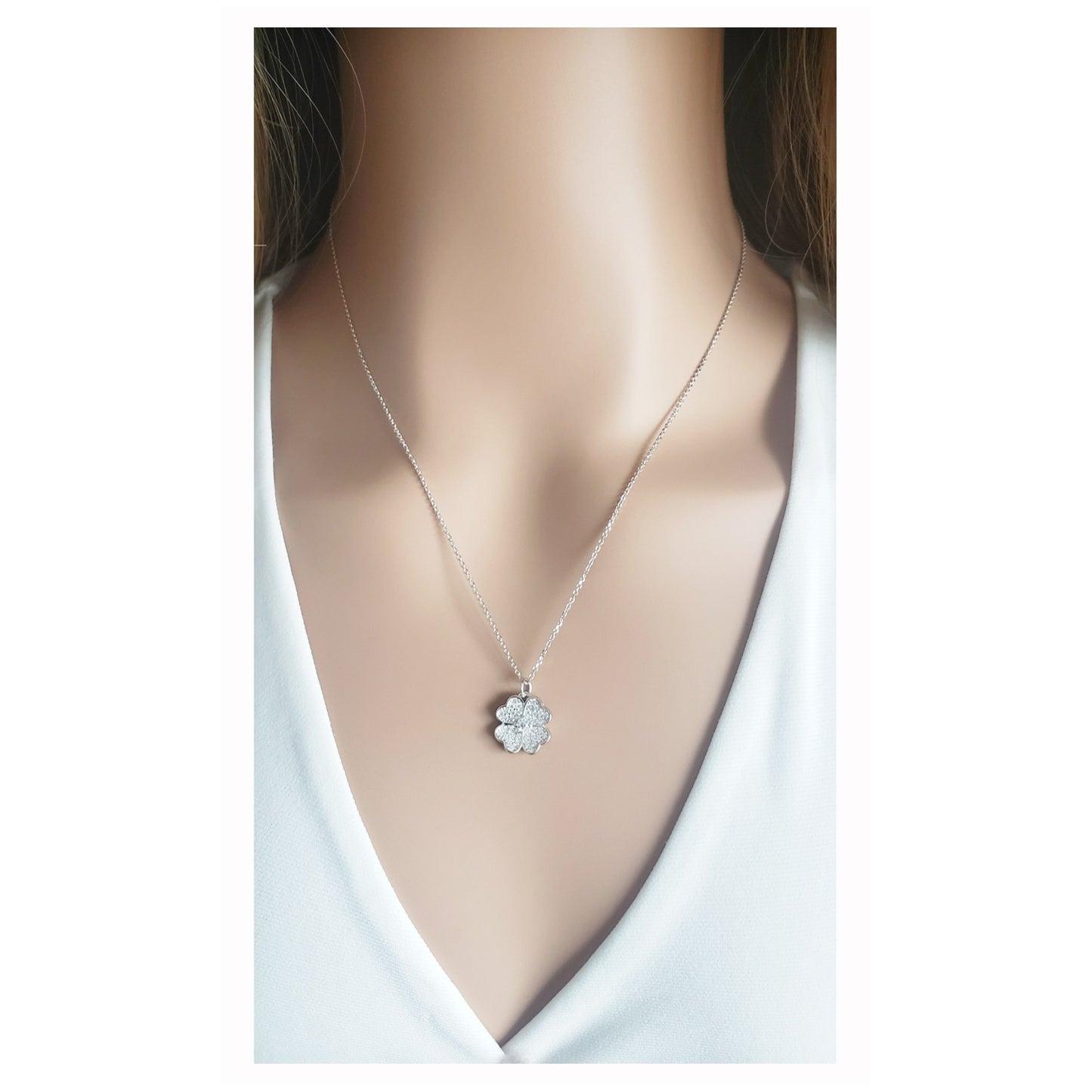 KARI Heart Shaped Four-Leaf Clover Pendant Necklace in Rhodium Over Sterling Silver