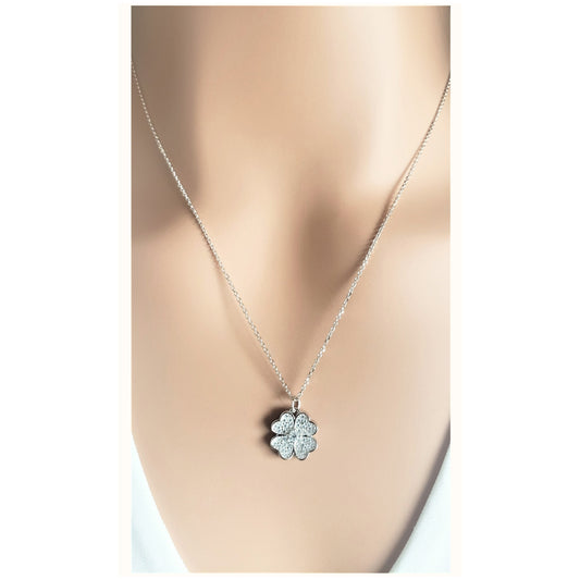 KARI Heart Shaped Four-Leaf Clover Pendant Necklace in Rhodium Over Sterling Silver
