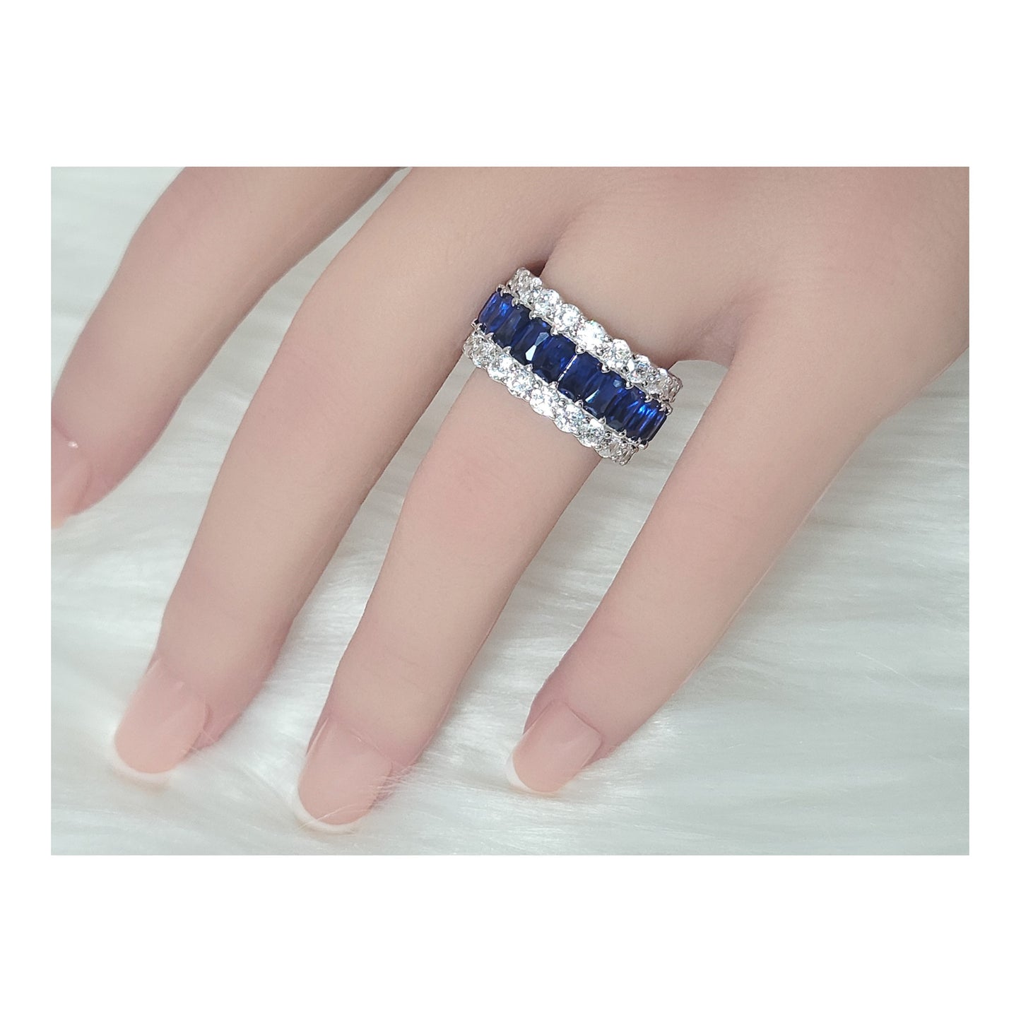 KATHERINE Blue And White CZ Diamond Simulant Three-Row Eternity Ring in Rhodium Over Sterling Silver