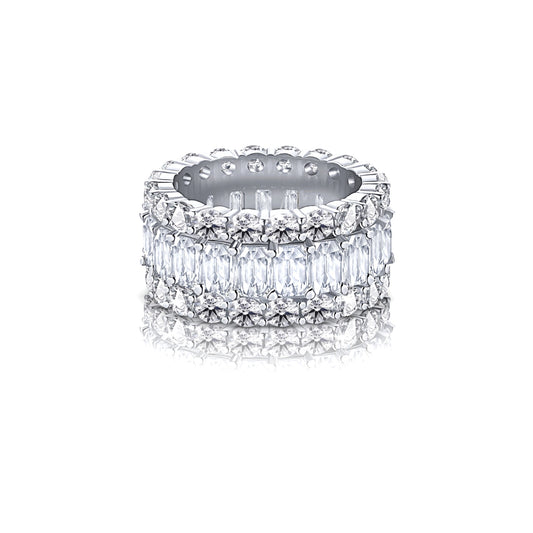 KATHERINE White CZ Diamond Simulant Three-Row Eternity Ring in Rhodium Over Sterling Silver