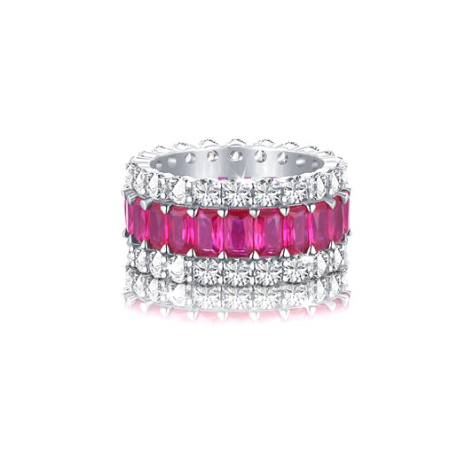 KATHERINE Fuchsia And White CZ Diamond Simulant Three-Row Eternity Ring in Rhodium Over Sterling Silver